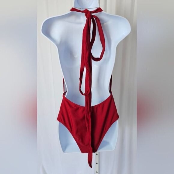150.🆕Med Deep V Neck Crisscross Back Self Tie Red Swimsuit NWOT - Picture 3 of 9